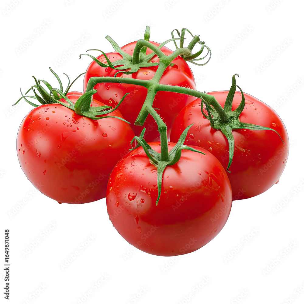Close-up of plump, red tomatoes clustered together, with visible stems and leaves. Fresh, glistening with water droplets Close-up of plump, red tomatoes clustered together, with visible stems and leaves. Fresh, glistening with water droplets