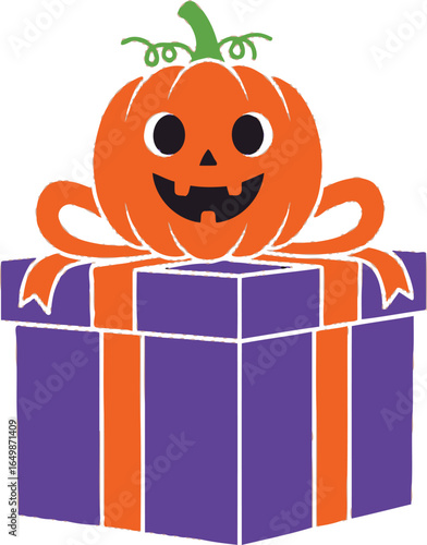 Vector art of cute halloween pumpkin jackolantern on a purple gift box isolated on white background