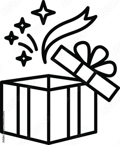 Vector art of open gift box with ribbon and sparkles isolated on white background