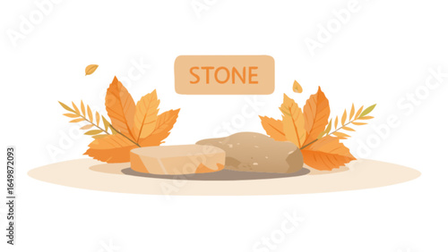 Stone product display podium with autumn leaves for showcasing natural products and fall season promotion