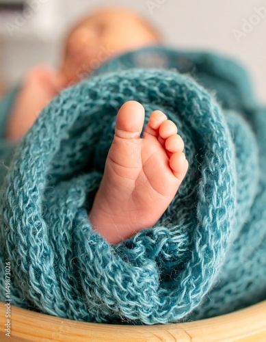 Baby foot wrapped in teal blanket