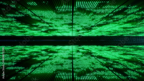 Fototapeta Naklejka Na Ścianę i Meble -  3d abstract retro green neon grid. Wireframe sci-fi futuristic background 80s 90s video game style. Glow shine light in the middle of space galaxy.