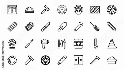 Collection of hand-drawn construction tools and equipment icons, perfect for design, DIY, renovation, and building projects, ideal for any creative professional