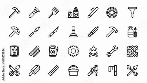 Collection of diverse tools and equipment icons, perfect for design, construction, DIY projects, and creative endeavors, conveying functionality and versatility