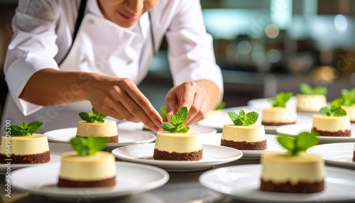 Close-up of a professional pastry chef adding the finishing touches to a row of elegant gourmet desserts with fresh mint garnish