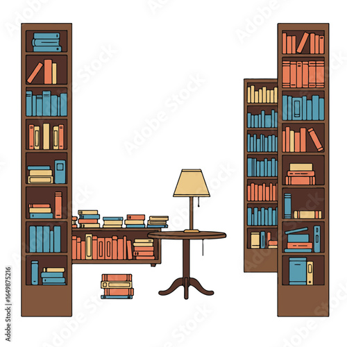 A cozy and inviting bookstore interior features towering bookshelves packed with books, a comfortable reading table, and a warm, glowing lamp, creating a tranquil atmosphere.
