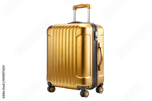 Luxury golden hard shell suitcase with telescopic handle isolated on transparent background