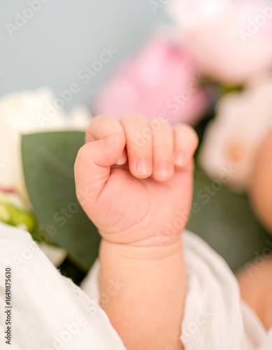 Baby's delicate hand among flowers