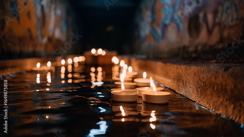 A moody candlelit canal tunnel with drifting boats and Latin graffiti