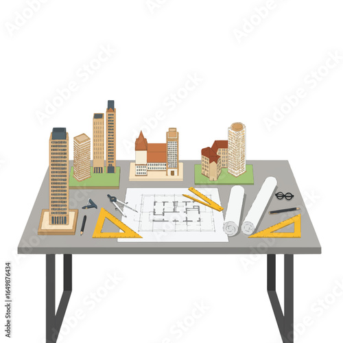 A detailed flat 2D vector image showcases an architect desk complete with intricate scale models, precise drafting tools, and a neatly rolled blueprint, all set against a clean white background.