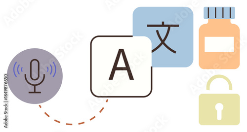 Microphone connecting to language and translation blocks, medicine container, and padlock. Ideal for communication, multilingual tools, healthcare, privacy, accessibility, innovation education