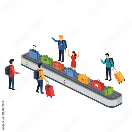Airport baggage claim area with passengers and suitcases on a conveyor belt, depicted in a modern, flat two-dimensional visual style on a clean white background.