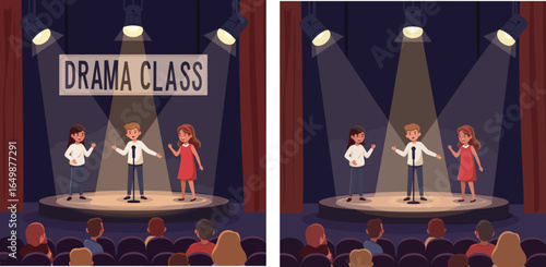 Drama class performance with students expressing excitement on stage under spotlight