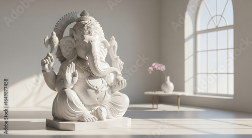 Elegant White Ganesha Statue in Bright Modern Interior with Arched Window and Soft Light