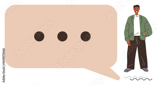 Man in casual clothing next to a beige speech bubble with ellipses. Ideal for communication, conversation, dialogue, social interaction, messaging, ideas sharing, and casual discussion. Simple flat