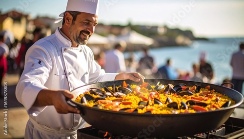 Chef preparing a traditional seafood paella outdoors, cooking over a flame for a gathering.