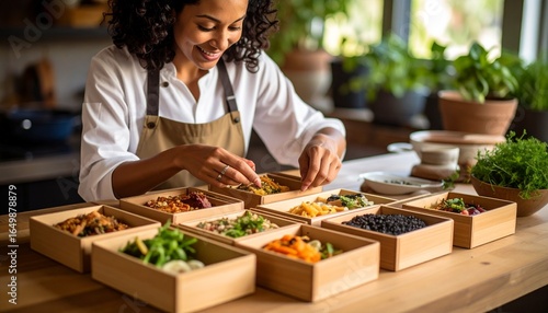 Happy female chef meticulously preparing a variety of healthy meal prep bento boxes in a modern kitchen.