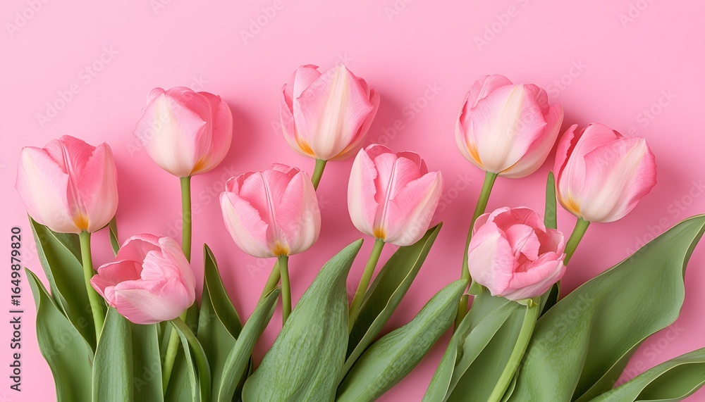 Obraz premium Nine fresh pink and white tulips with vibrant green stems and leaves are arranged neatly against a seamless, solid pink background.