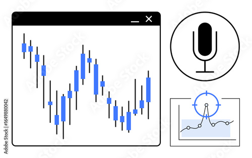 Candlestick chart in a web window, microphone icon, and zoomed graph display. Ideal for trading, stock market, data analysis, voice interface, finance, investment strategy simple landing page