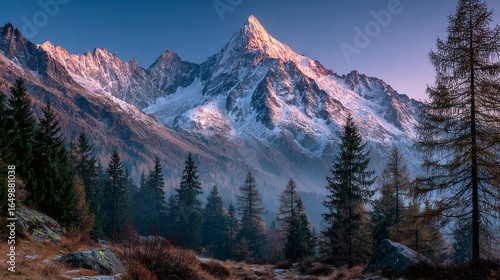 Majestic mountain range at sunrise with soft pink and orange hues over snowy peaks and misty valleys.