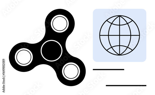 Black fidget spinner alongside outlined globe symbol suggesting global connection, innovation, focus, and movement. Ideal for creativity, productivity, globalization, innovation, mindfulness