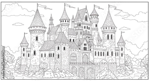 Enchanting Fairytale Castle in a Magical Kingdom Coloring Page.