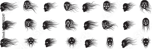 Collection of stylized black and white faces with flowing hair in various orientations and expressions