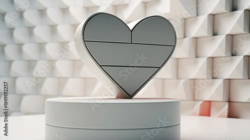 A white heart is on a white pedestal. The heart is made of metal and has a silver color