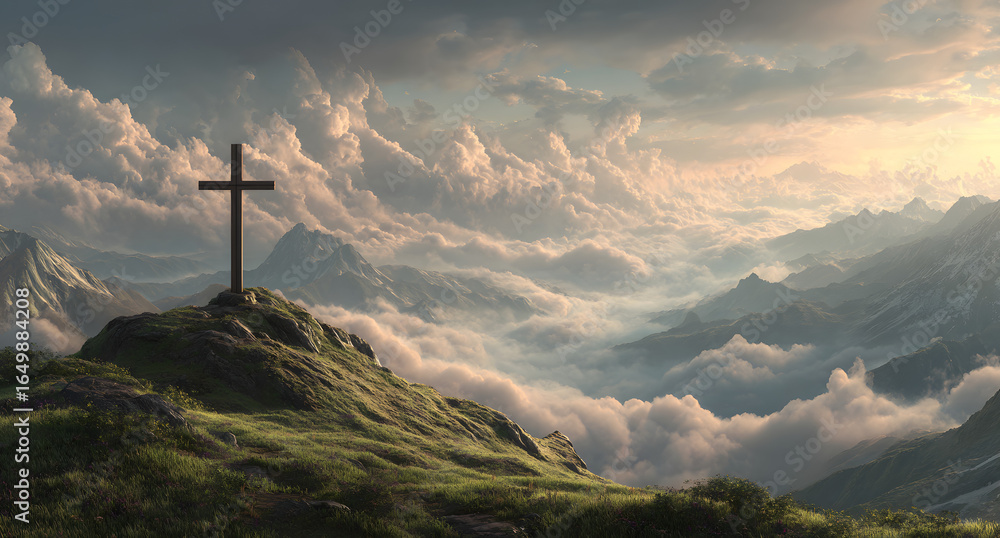 Obraz premium Sunset and sunrise over mountain hills with wind turbines and a cross in a natural landscape