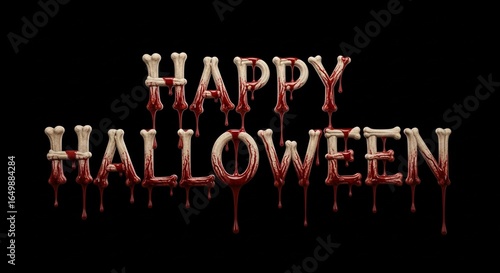 Gory Bone Lettering Spells Happy Halloween with Dripping Blood Effect.