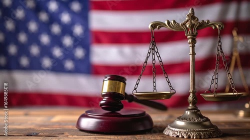 Golden Scales of Justice and Gavel on Wooden Surface Against American Flag in Soft Lighting Ideal For Law Justice And Judicial System Images
