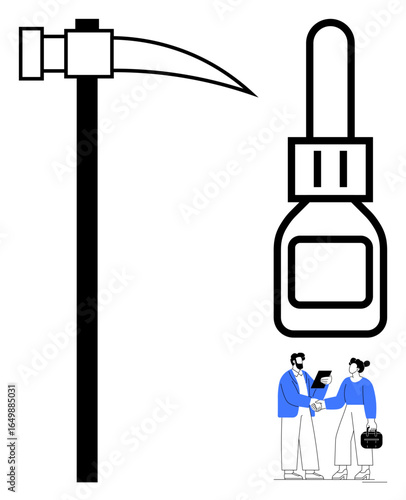 Black pickaxe, glue bottle, and two professionals shaking hands, highlighting construction, teamwork, and networking themes. Ideal for business, repair, innovation partnership collaboration tools