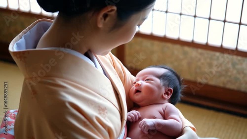 A loving mother in traditional attire gently holds her smiling newborn baby, sharing a tender moment indoors.