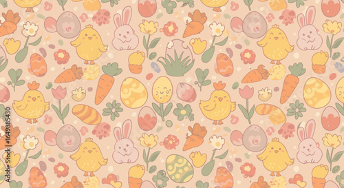 Wallpaper Mural Adorable Easter Seamless Pattern with Bunnies, Chicks, Eggs, and Carrots in Pastel Colors Torontodigital.ca