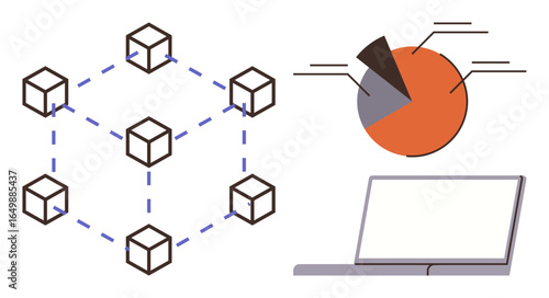 Interconnected blocks forming a blockchain, a pie chart displaying analytics, and a blank laptop screen. Ideal for blockchain, data analysis, technology, digital trends, analytics, decentralization