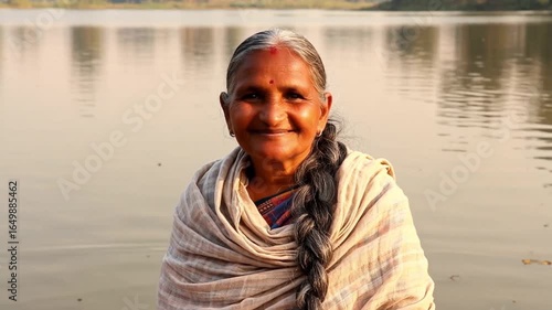 A smiling elderly woman with a long braid poses in front of a serene lake.