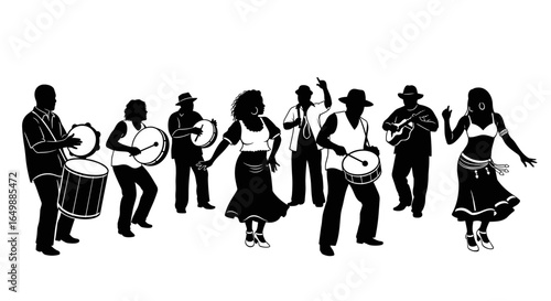 A lively band playing music during a celebration, depicted in silhouette style, celebrating with dance moves. Brazil Samba