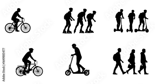Silhouettes of individuals engaging in various modes of transport and activity, from biking to walking