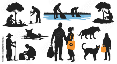 Diverse silhouettes showcasing environmental care and community involvement. The scene depicts people engaging in various activities such as planting trees, cleaning up litter, and walking animals.