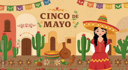 Cinco de Mayo festive celebration with woman in traditional Mexican attire