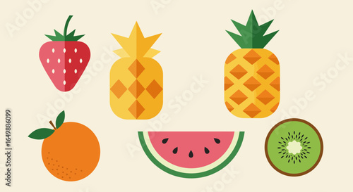 Colorful geometric fruit illustration featuring strawberry, pineapple, orange, watermelon and kiwi