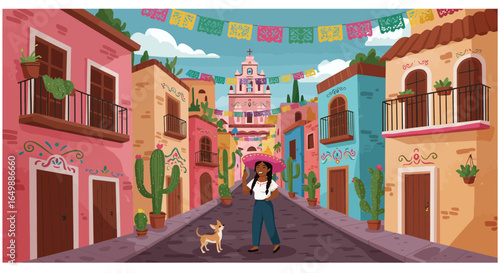 Vibrant Mexican street scene with colorful buildings and festive decorations illustration