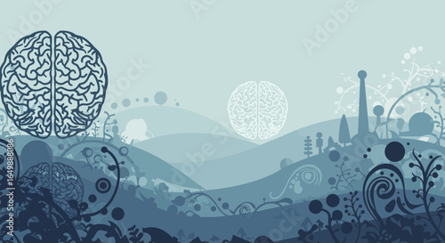 Abstract brain landscape with intricate floral patterns and serene color palette