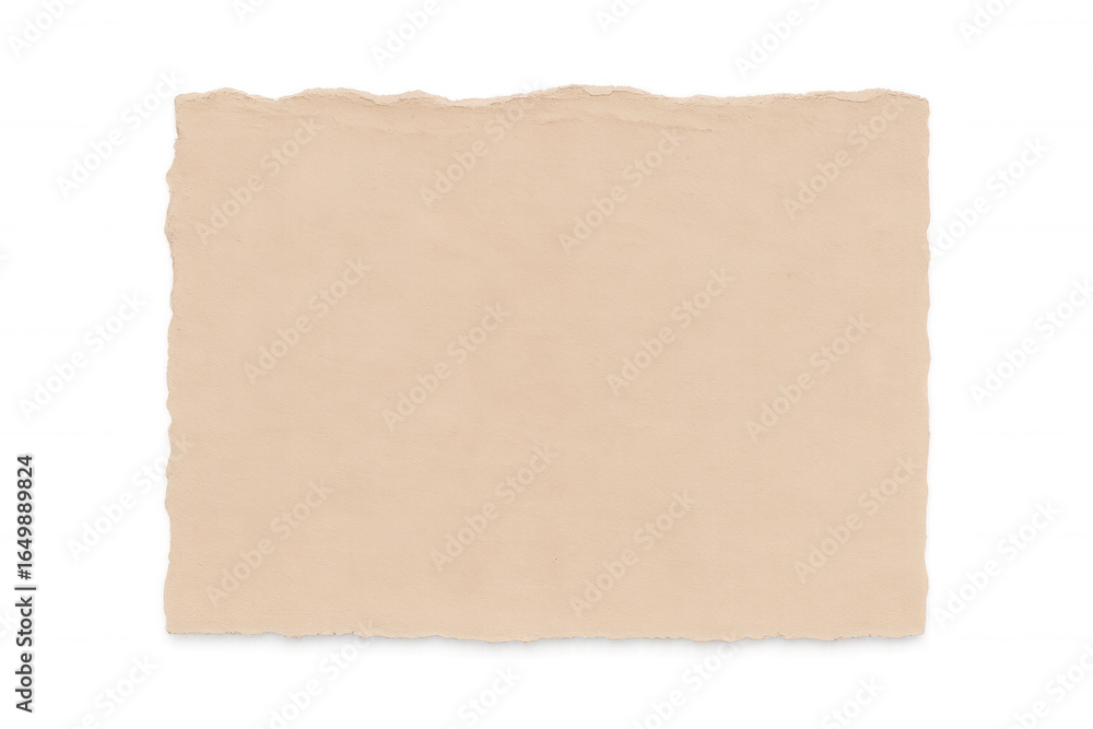 Fototapeta premium Weathered beige paper sheet featuring ragged edges, providing textural vintage backdrop with transparent background for graphic design elements