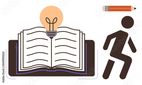 Open book with glowing light bulb above, pencil to the side, running figure nearby. Ideal for education, innovation, creativity, motivation, knowledge sharing achievement goal setting. Simple flat