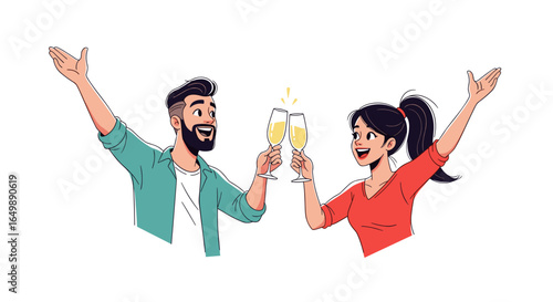 Couple joyfully clinking champagne glasses, celebrating with raised arms