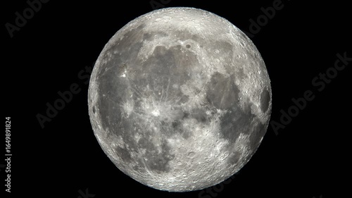 Moon rotating on a black background, highly detailed and realistic surface of Earth's natural satellite, full moon scientific background, 4k seamless animation.