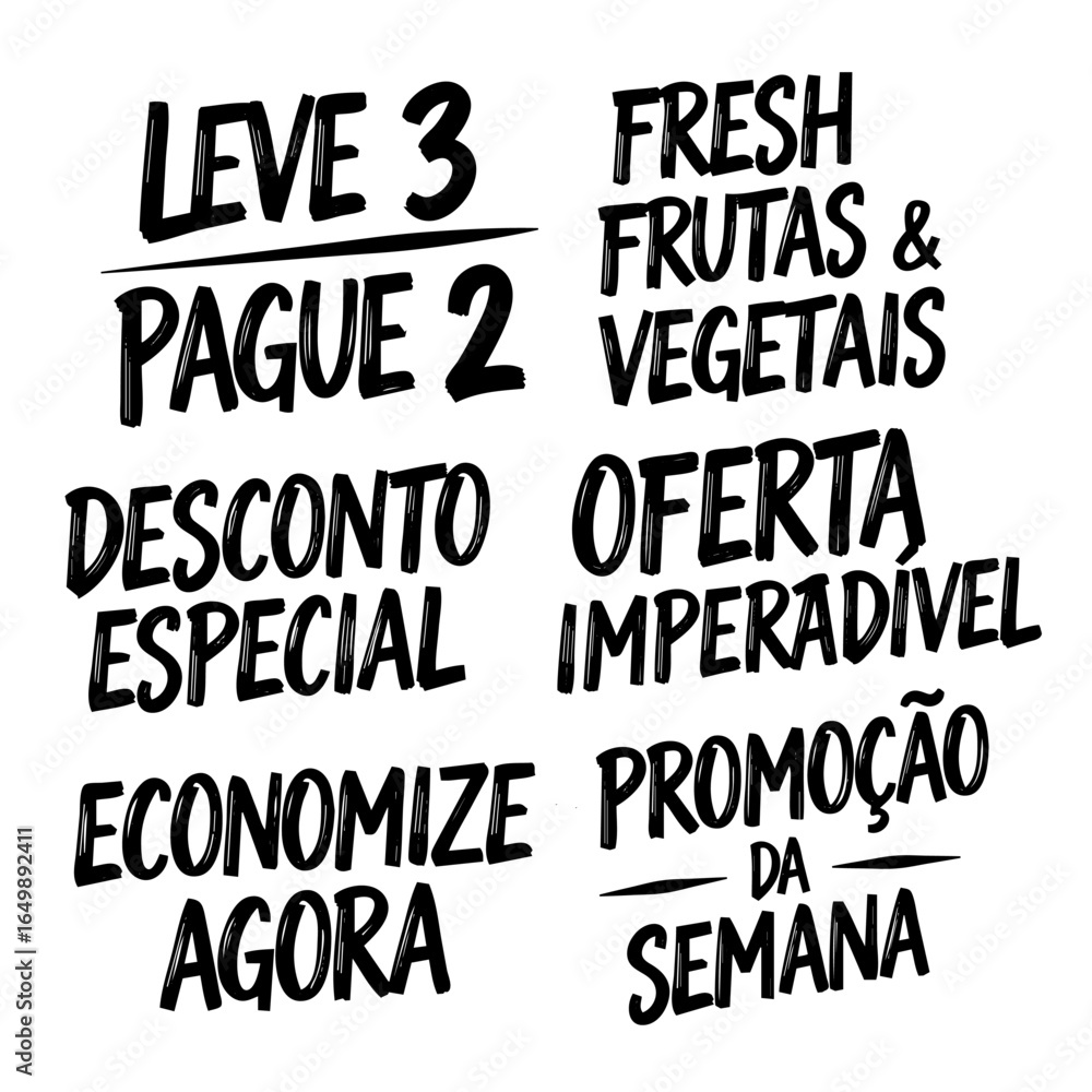 Conjunto de Letterings de Promoção para Supermercado Desenhados à Mão. Vetor de Frases de Oferta e Desconto para Varejo e Comércio