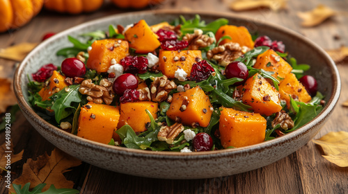 Colorful autumn salad featuring squash, cranberries, and nuts served in a rustic bowl