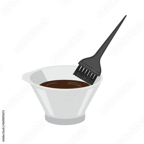 Vector illustration of hair dye bowl and brush on white background, beauty theme 